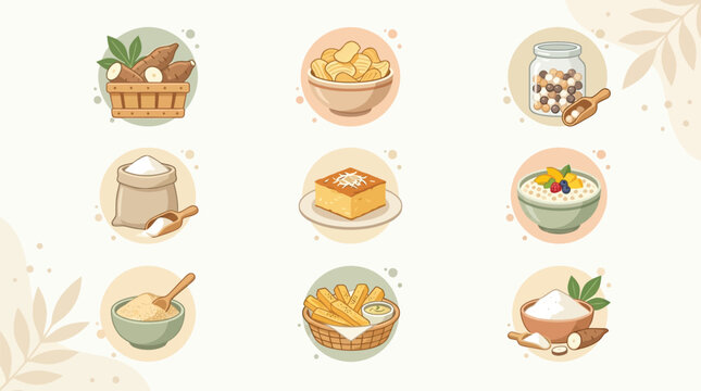 A collection of nine circular illustrations depicting various food items and ingredients, primarily focusing on root vegetables and their processed forms.