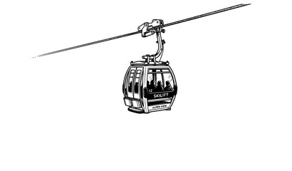 Ski lift gondola between snowy mountains line art vector © MstLiza