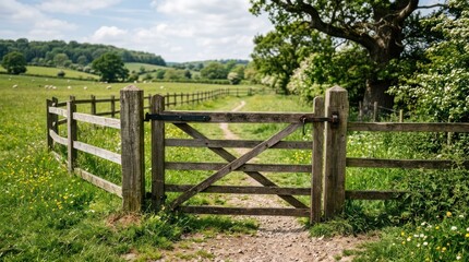 Fototapeta premium A wooden gate leading into a lush green field with a dirt path and trees in the background.