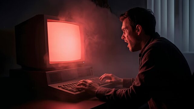 Shocked man staring at smoking vintage computer monitor in dark room. Overheated hardware failure and technical glitch. Lockdown medium shot.