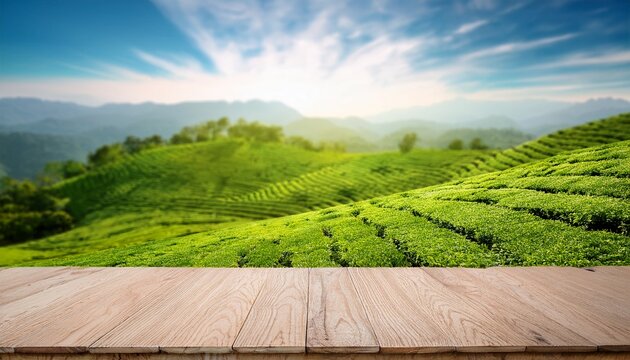 Wooden Table Top On Blur Green Tea Mountain And Grass Field Fresh And Relax Concept For Montage Product Display Or Design Key Visual Layout View Of Copy Space