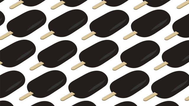 Cold, refreshing cold serving of ice cream in crispy chocolate glaze on a wooden stick moving against the background of a white conveyor belt. Vector ice cream on white background