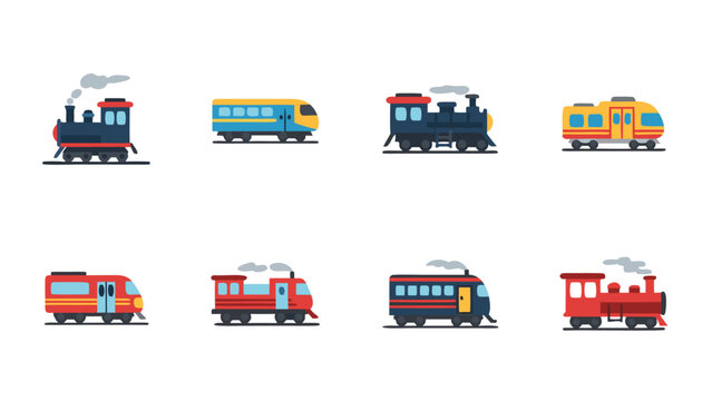 Collection of diverse train icons in a flat design style