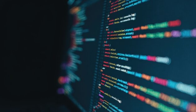 Close-up of colorful programming code displayed on a dark computer screen, illustrating software development and coding processes.