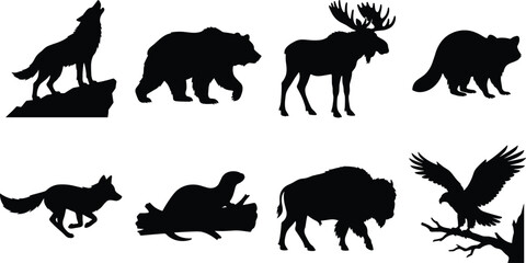 Obraz premium Set of black North American wild animal silhouettes isolated on white background forest wildlife collection vector illustration