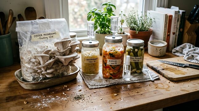 Home mushroom kit and jars of fermented food.