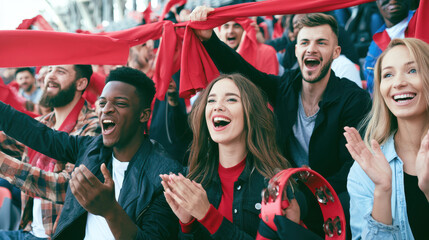 Fototapeta premium Group of people holding red ribbons for charity
