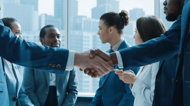 Business handshake with financial graph overlay showing partnership success in corporate office environment with blurred diverse team in background