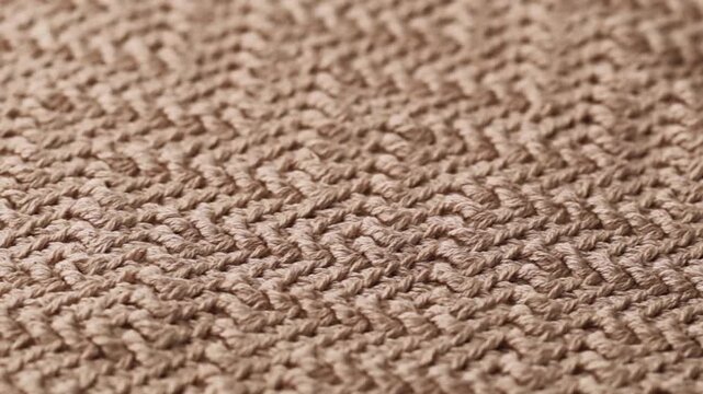 Extreme macro panning shot of a soft beige crocheted fabric. Detailed view of interlaced yarn loops forming a cozy towel or blanket texture, ideal for abstract backgrounds and design projects.