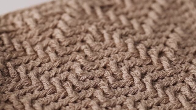 Extreme macro panning shot of a soft beige crocheted fabric. Detailed view of interlaced yarn loops forming a cozy towel or blanket texture, ideal for abstract backgrounds and design projects.