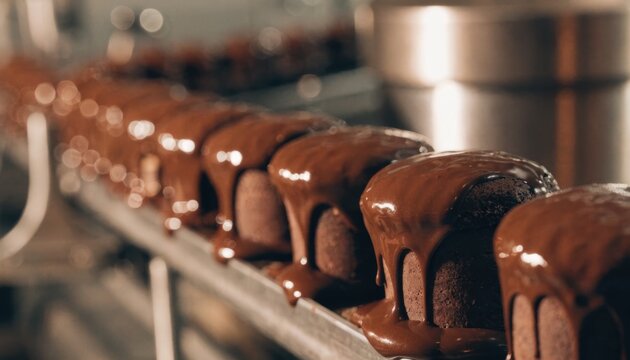 Chocolate cakes on a conveyor belt being coated with glossy melted chocolate in a commercial bakery or factory setting.
