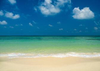 Fototapeta premium Serene tropical beach landscape featuring turquoise ocean wave white sea foam golden sand under clear blue sky ideal for summer vacation luxury travel peaceful paradise concept