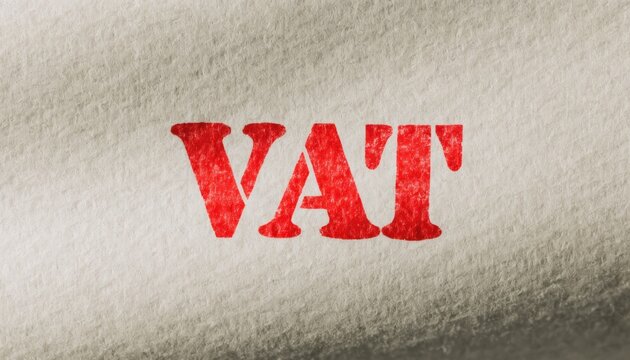 The word "VAT" in bold red letters on a rough textured surface, symbolizing value-added tax or financial concepts.