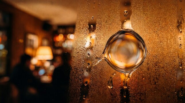 Macro shot of a large clear water drop rolling down a condensation covered window with warm golden bokeh light of a cozy pub interior in the background