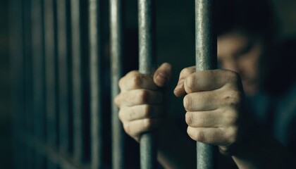 Obraz premium Hands gripping prison bars tightly, symbolizing confinement and restriction in a dimly lit setting.