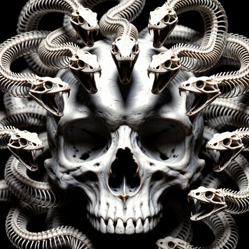 Skeletal Medusa Gorgon: Human Skull with Serpent Skeletons Hair