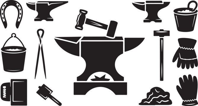 Blacksmith tools vector set: anvil, hammer, horseshoe, tongs, bucket, gloves