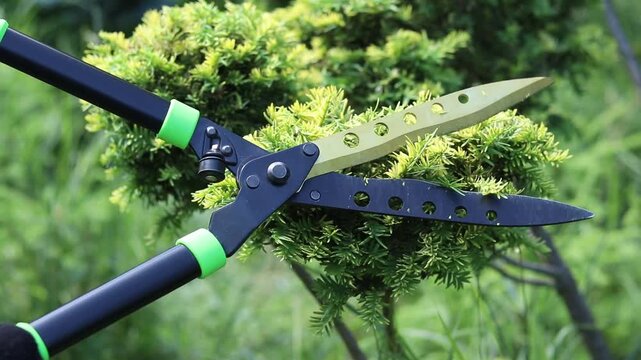 Gardener using manual hedge shears shapes a green bush in the garden. Close-up of the blades of the tool during work on a background of greenery. Garden shears trim an ornamental bush