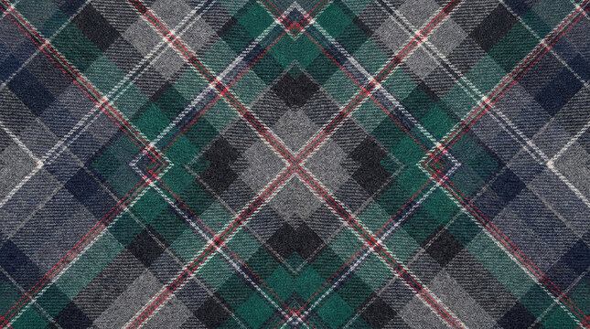 Classic diagonal tartan pattern with green grey and blue wool texture.