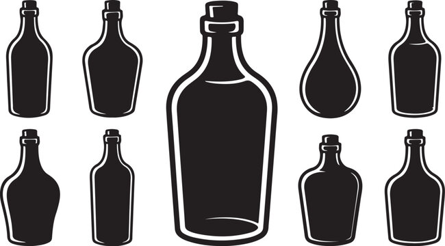 Diverse collection of empty beverage bottle vector silhouettes for design
