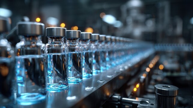 Glass pharmaceutical vials moving along an automated production line in a modern manufacturing facility, symbolizing healthcare, biotechnology, and vaccine production.