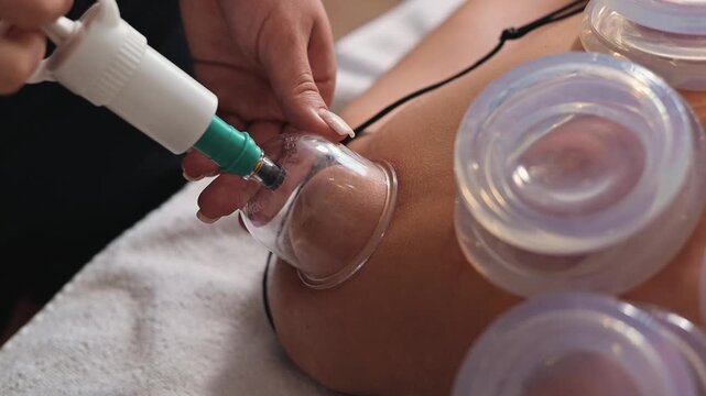 A manual cupping therapy technique where a practitioner applies suction cups on the back of a person to promote muscle recovery