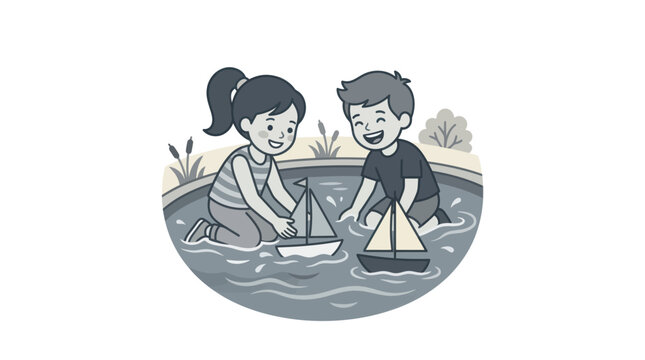 Children Playing With Toy Boats Together.
