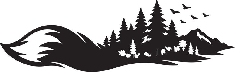 Obraz premium Whimsical Fox Tail Landscape Silhouette: A creative black silhouette merges a fox's bushy tail with a vibrant forest landscape featuring pine trees, rolling hills, and soaring birds under a sky.
