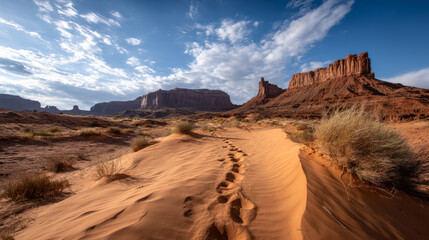 Obraz premium Footprints leading across dunes toward towering sandstone buttes. beautiful desert background. gorgeous scene straight out Arabian fairy tale, where sand, heat, silence reign.