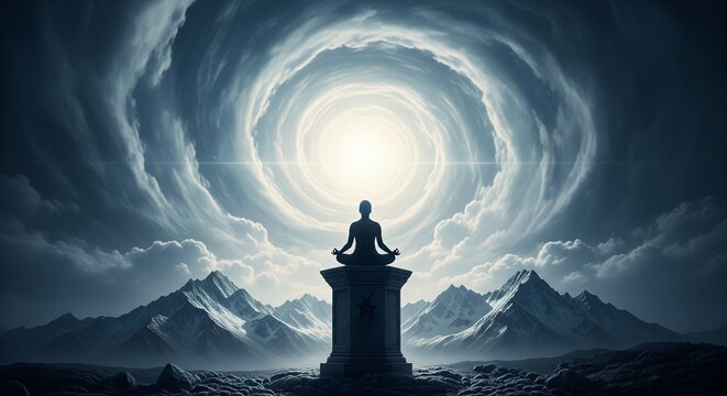 Silhouette of Meditating Person on Pedestal with Swirling Cloud Vortex and Mountains, Digital Artwork for Background