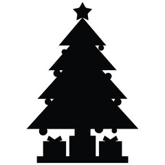 Fototapeta premium Christmas tree silhouette illustration vector with gifts and ornaments black holiday design.