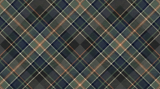 dark green, blue, and brown diagonal plaid pattern fabric with textured surface, classic scottish tartan.
