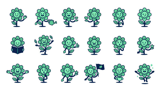 Green tree icons with various expressions.