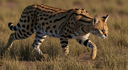 Obraz premium Spotted Serval Cat Walking Through Tall Grass Realistic Image for Nature and Wildlife Marketing