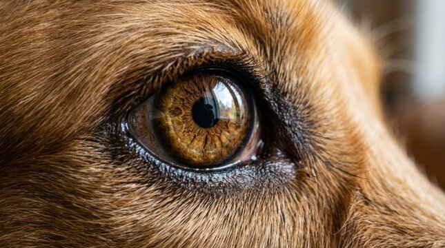 A close-up of a dog's eye with a blurred background.