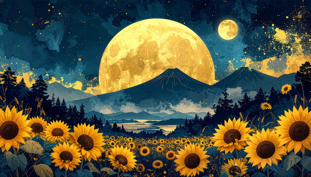 Sunflower ひまわり 372 Golden Sunflowers and Double Moons with Mountain Range on Dark Blue Background（濃紺の背景に描かれたひまわり畑と山並み、二つの月）