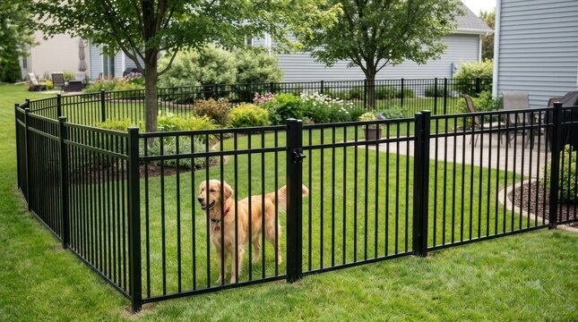 A dog standing in a fenced backyard with a golden retriever.