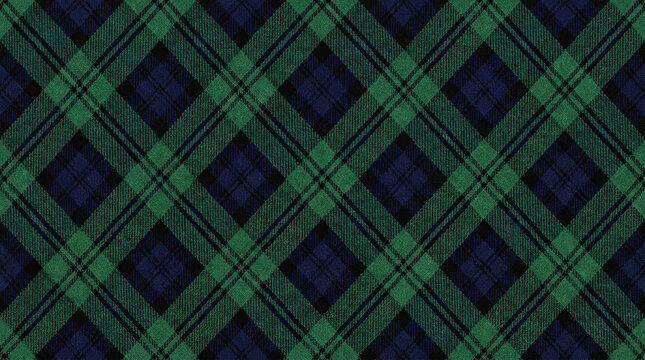 Diagonal black watch tartan fabric texture in deep green and navy blue woolen pattern.