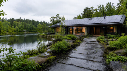 Fototapeta premium Tranquil wilderness lake view through lush green temperate forest woods