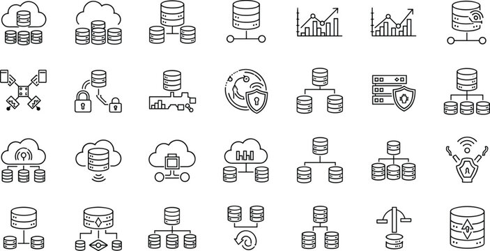 Database Technology Line Icons Set Featuring Cloud Storage Network Security Data Analytics Server Infrastructure and Backup Systems