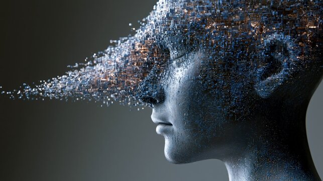 Human face dissolves into digital particles to represent the fragility of modern consciousness.