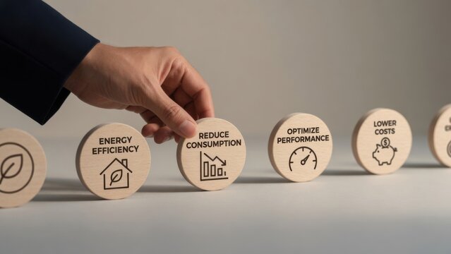 Hand placing wooden block with energy efficiency terms representing corporate management strategies for cost reduction