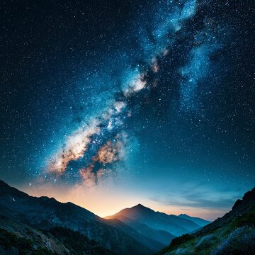 View of the night sky with stars and the Milky Way over mountains at dusk in a clear atmosphere