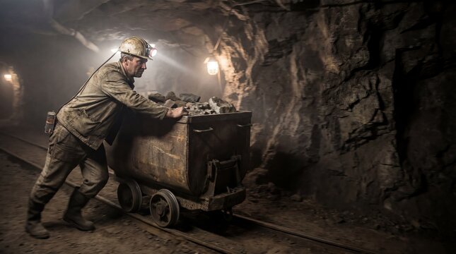 A man works in a coal mine. He pushes a cart full of rocks along the tracks. The tunnel is dark with lights on the walls. Dust is present in the air as he moves