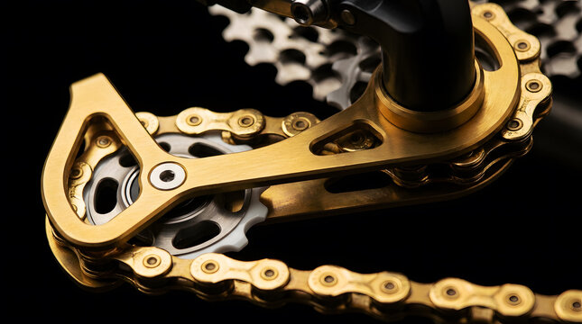Detailed macro shot of gold anodized bicycle rear derailleur cage and chain