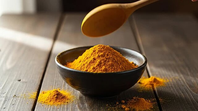 Pouring orange turmeric powder from spoon into black bowl.