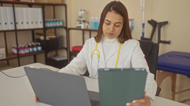 Woman doctor in white coat with yellow stethoscope holds tablet and types on laptop, hand visible in medical building; professional focus.