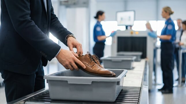 A man is taking off his shoe and placing it in a gray bin at an airport security checkpoint. Security staff are checking other travelers behind him