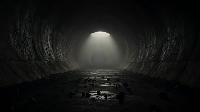 Bright light illuminating dark damp underground tunnel