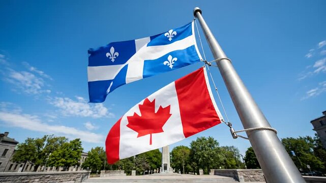 Canadian and Quebec flags waving together on a flagpole against blue sky